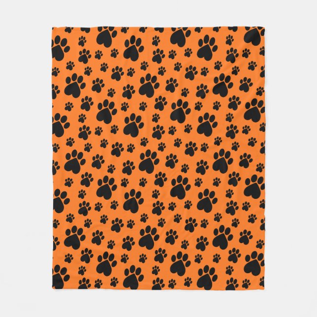 Black on Orange Heart Paw Print  Fleece Blanket (Front)