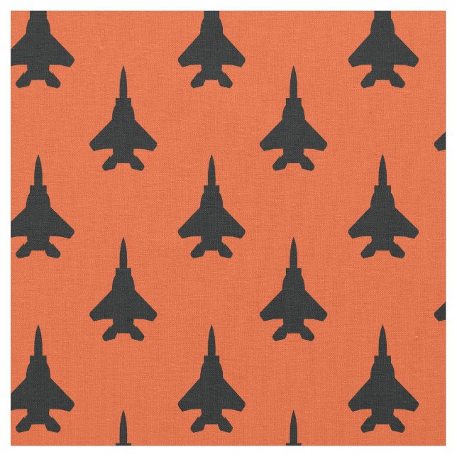 Black on Orange Strike Eagle Fighter Jet Pattern Fabric (Close Up)