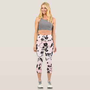 Black on Pink Pattern Birds and Cherry Blossoms Capri Leggings