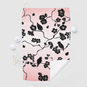 Black on Pink Pattern Birds and Cherry Blossoms  Golf Towel