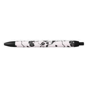 Black on Pink Pattern Birds and Cherry Blossoms  Ink Pen