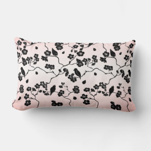 Black on Pink Pattern Birds and Cherry Blossoms  Lumbar Cushion