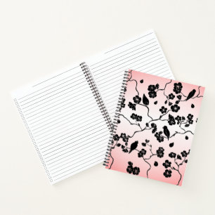 Black on Pink Pattern Birds and Cherry Blossoms Notebook