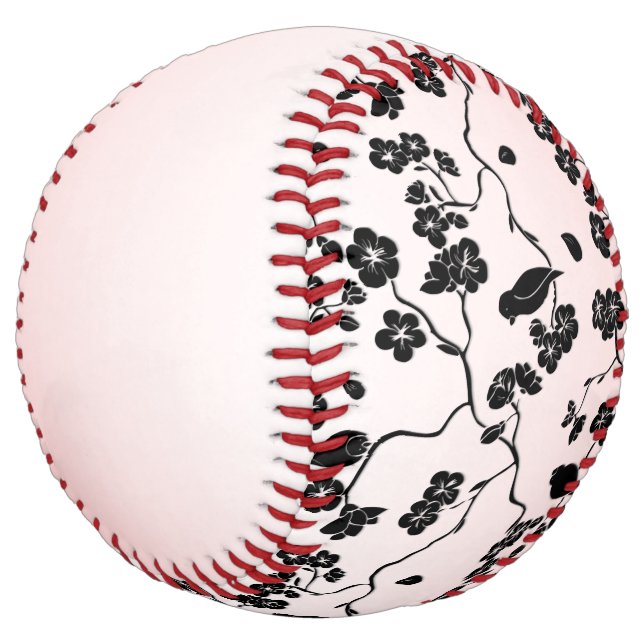 Black on Pink Pattern Birds and Cherry Blossoms  Softball (Angled)