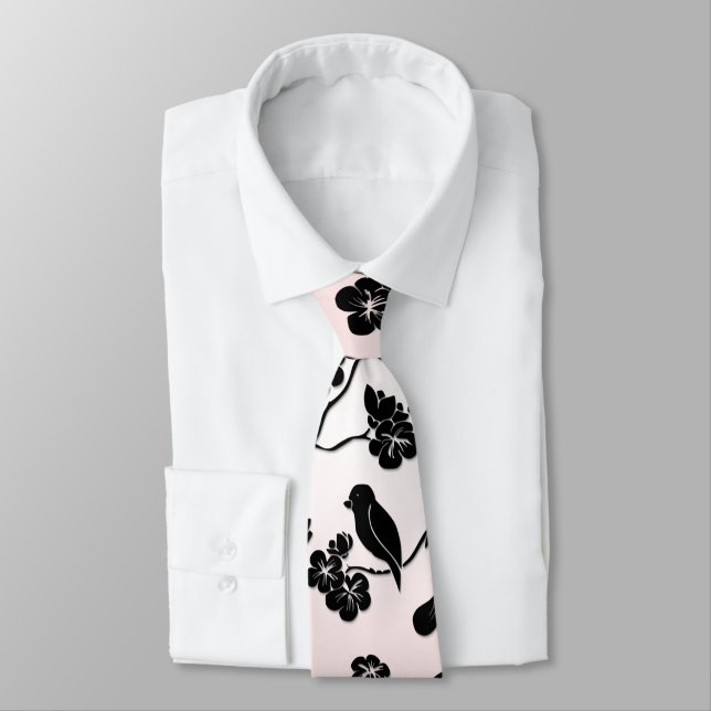 Black on Pink Pattern Birds and Cherry Blossoms Tie (Tied)