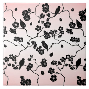 Black on Pink Pattern Birds and Cherry Blossoms Tile
