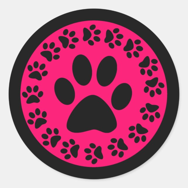 Black on Pink Paw Prints Classic Round Sticker (Front)