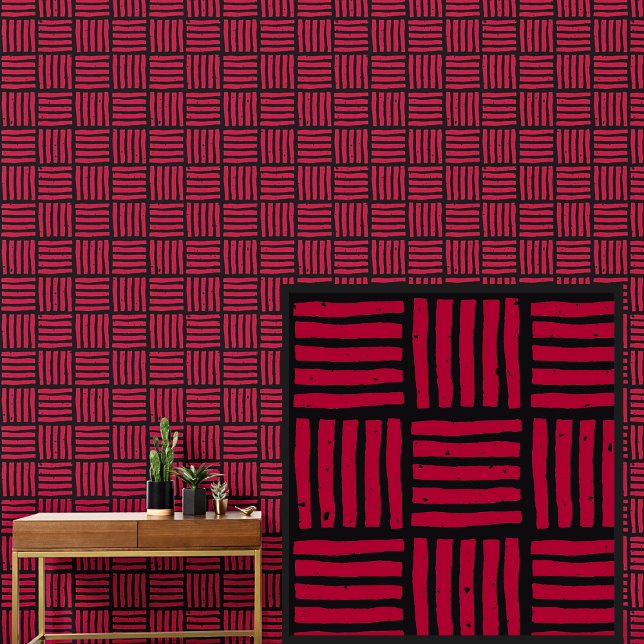 Black on Red Grid Squares Basketweave Wallpaper (Creator Uploaded)