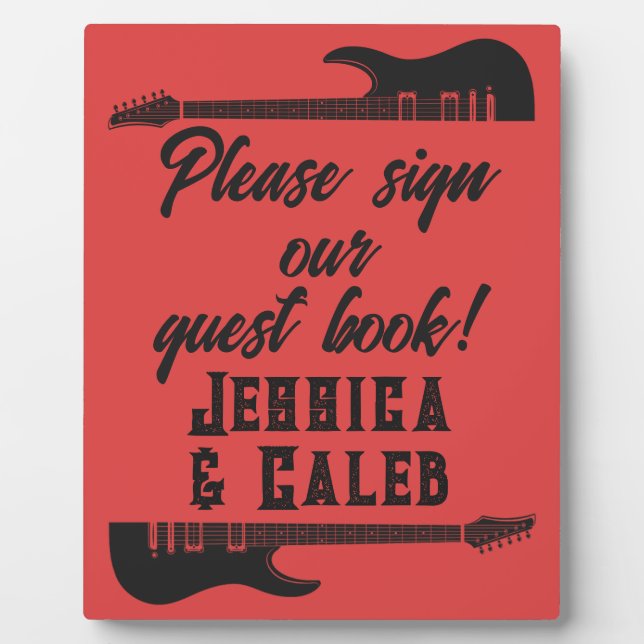 Black on Red Heavy Metal Wedding Guest Book Plaque (Front)