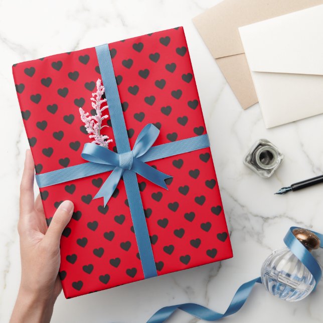 Black on Red Tiny Hearts Patterned Wrapping Paper (Gifting)