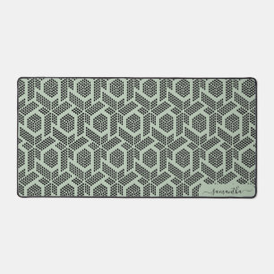 Black on sage green dots geometric pattern desk mat