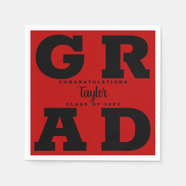 Black on Scarlet Red Graduation Party Napkin (Front)
