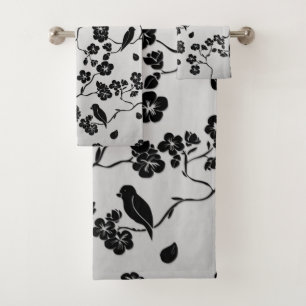 Black on Silver Pattern Birds and Cherry Blossoms Bath Towel Set