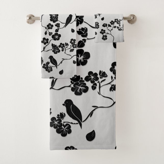 Black on Silver Pattern Birds and Cherry Blossoms Bath Towel Set (Insitu)