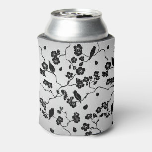 Black on Silver Pattern Birds and Cherry Blossoms Can Cooler