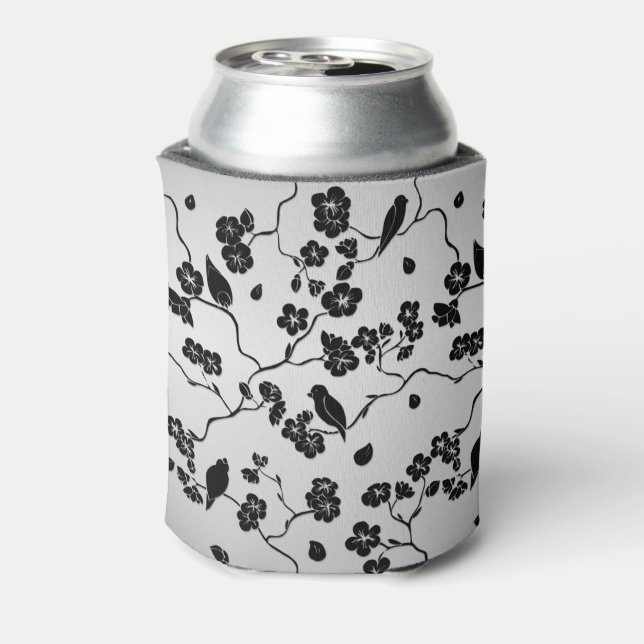 Black on Silver Pattern Birds and Cherry Blossoms Can Cooler (Can Back)