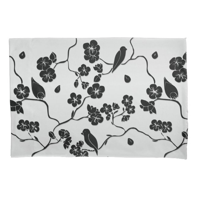 Black on Silver Pattern Birds and Cherry Blossoms Pillowcase (Front)