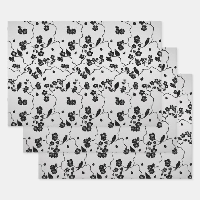 Black on Silver Pattern Birds and Cherry Blossoms Wrapping Paper Sheet (Set)