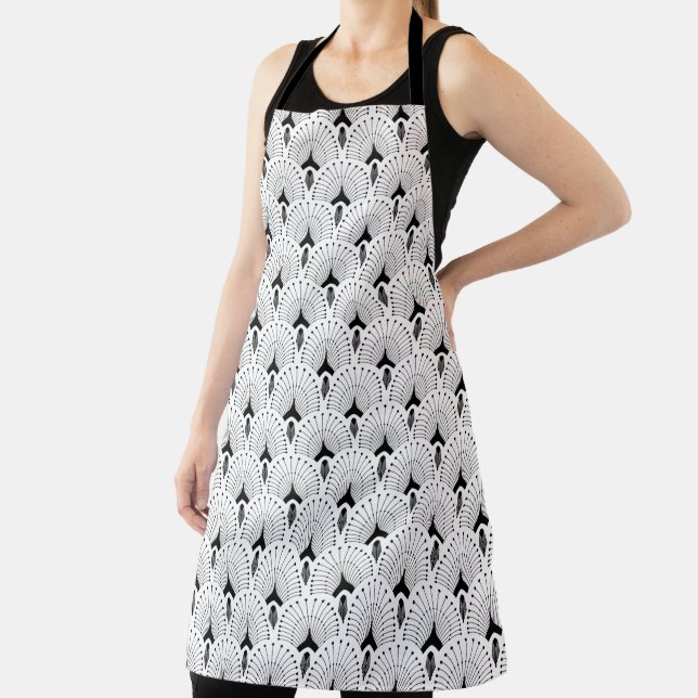 Black on white art-deco geometric pattern apron (Insitu)