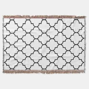 Black on White Background Moroccan Quatrefoil Throw Blanket