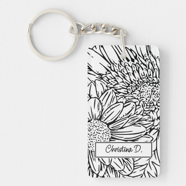 Black on White Chrysanthemums with Photo Key Ring (Front)