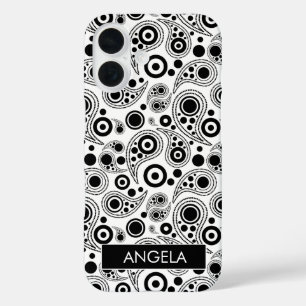 Black on White circle dots paisley style pattern iPhone 16 Case