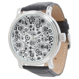 Black on White circle dots paisley style pattern Watch