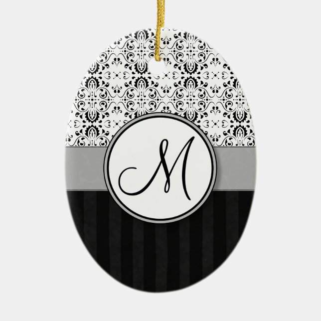 Black on White Damask and Stripes with Monogram Ceramic Tree Decoration (Front)