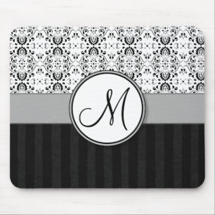 Black on White Damask and Stripes with Monogram Mouse Mat