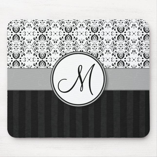 Black on White Damask and Stripes with Monogram Mouse Mat (Front)