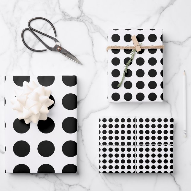 Black on White Different Sizes Horiz. Polka Dots Wrapping Paper Sheet (Front)