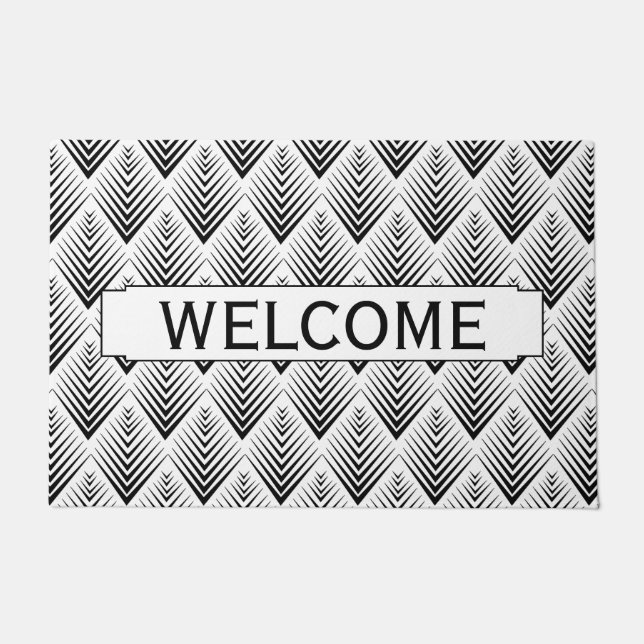 Black on White Fan Flower Art Deco Pattern     Doormat (Front)