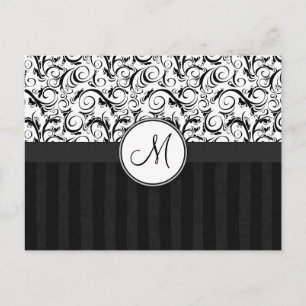 Black on White Floral Wisps, Stripes & Monogram Postcard