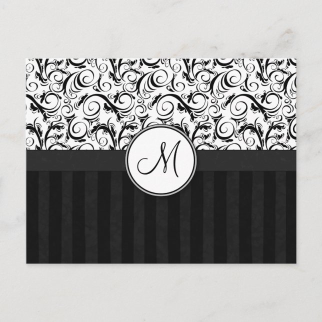 Black on White Floral Wisps, Stripes & Monogram Postcard (Front)