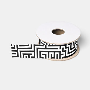 Black On White Geometric Maze Pattern Grosgrain Ribbon