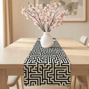Black On White Geometric Maze Pattern Short Table Runner