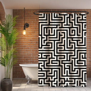 Black On White Geometric Maze Pattern Shower Curtain