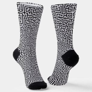 Black On White Geometric Maze Pattern Socks