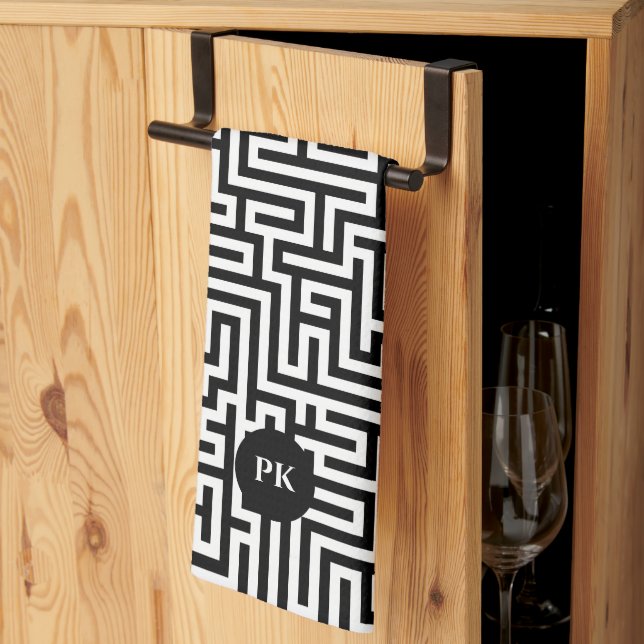 Black On White Geometric Maze Pattern Tea Towel (Thirds Fold)