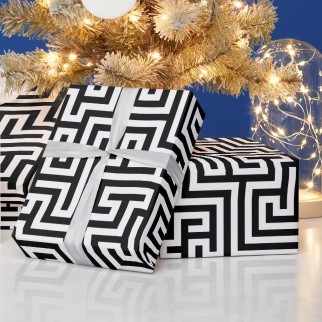 Black On White Geometric Maze Pattern Wrapping Paper (Holidays)