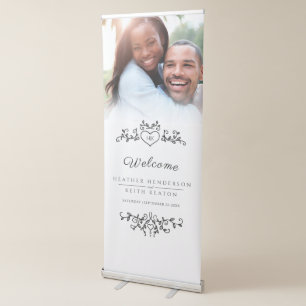 Black on white leaves wedding photo heart retractable banner