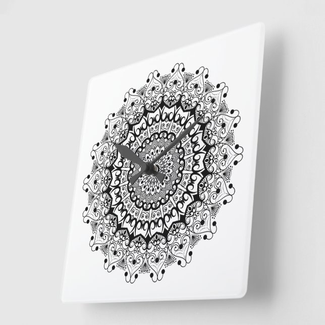 Black on white ornate mandal pattern square wall clock (Angle)