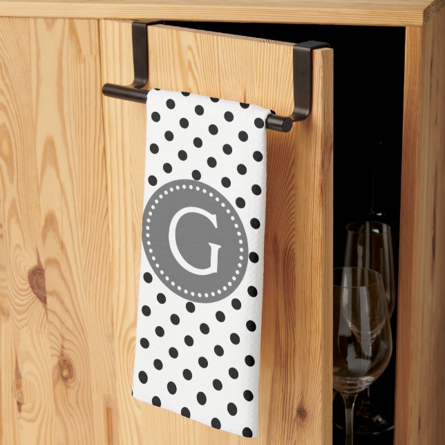 Black On White Polka Dots Grey Accent Tea Towel (Thirds Fold)