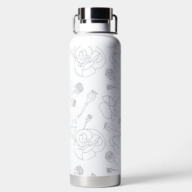 Black on White Poppies Water Bottle (Back)