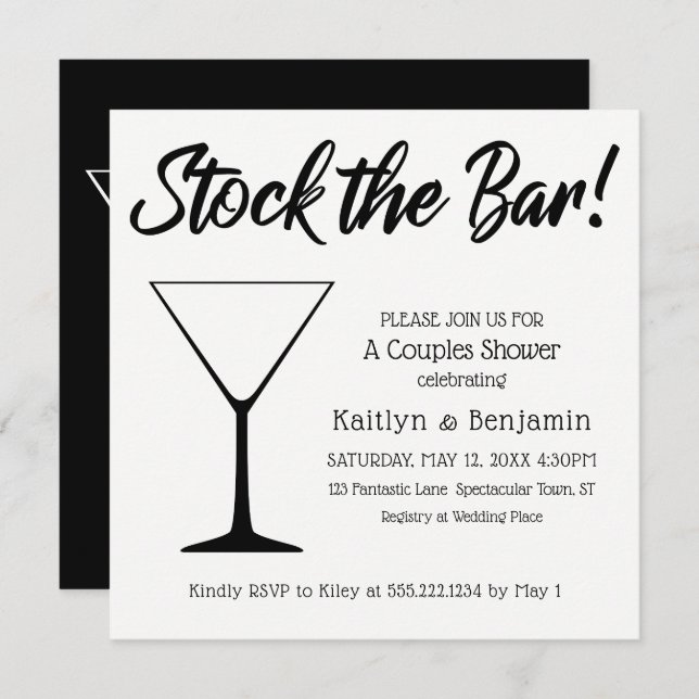 Black on White Script Stock the Bar Couples Shower Invitation (Front/Back)
