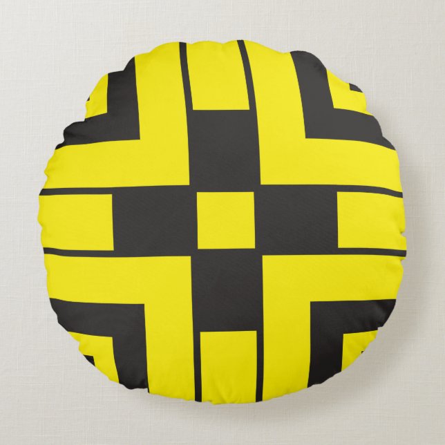 black on yellow abstract background round cushion (Front)