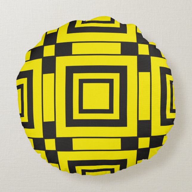 black on yellow abstract background round cushion (Back)