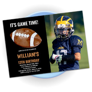 Black One Football Birthday Invitations w photo