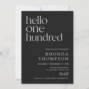 Black One Hundred Classic Simple 100th Birthday Invitation