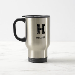 BLACK ONE LETTER MONOGRAM NAME STAINLESS STEEL TRAVEL MUG